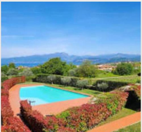 an overhead view of a swimming pool with flowers at Chez Francois Lazise Pool in Lazise