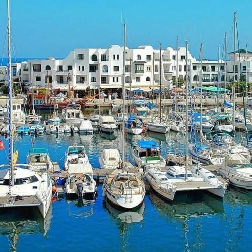 a bunch of boats are docked in a marina at Résidence Costa in Chott Meriem