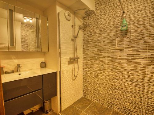 une salle de bain avec douche et lavabo dans l'établissement Appartement charmant à Morillon, proche du lac et navette, avec terrasse et équipements modernes - FR-1-642-88, à Morillon