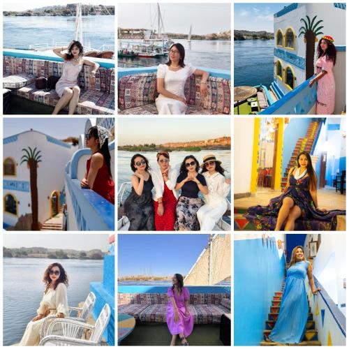 a collage of photos of women on a boat at DoroKa Nubian House in Aswan