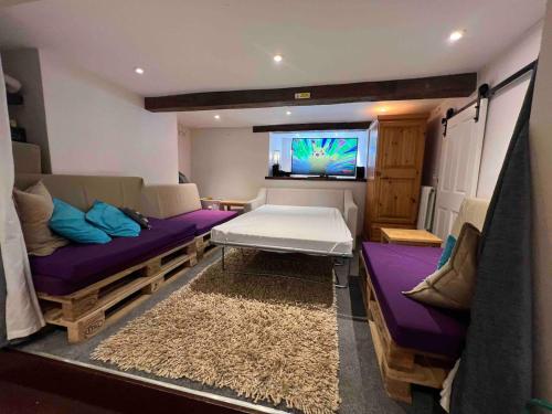 a room with couches and a flat screen tv at Fandango large 3 bedroom character home, Ventnor in Isle of Wight