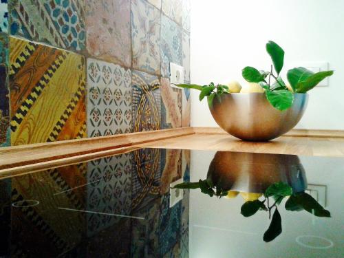 Miska owoców na półce z rośliną w obiekcie Casa Maier w Trapani