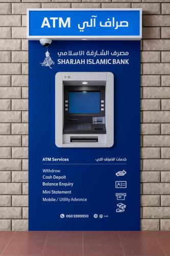 a sign for an atm machine in a brick wall at Aplyns Dormitory Male&Female,Sharjah in Jazīrat al Ḩibāb