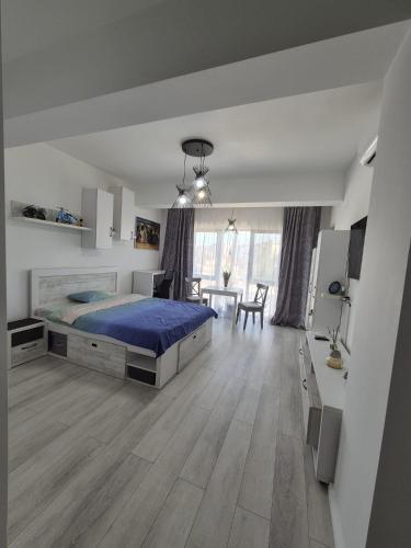 a bedroom with a large bed and a table at Antiaeriana Sunhouse in Bucharest