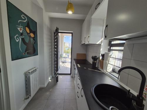 a kitchen with a black sink and a window at Antiaeriana Sunhouse in Bucharest