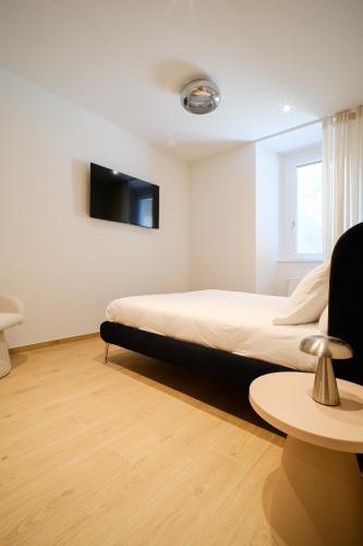 a bedroom with a bed and a tv on the wall at Garden Studio Double Suite - Bernina Experience in Tirano