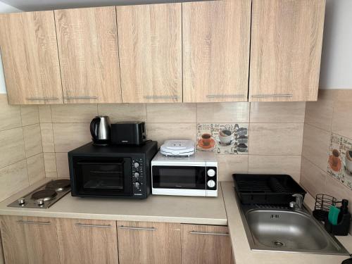 a kitchen with a microwave and a sink at Casa din Codru in Şimon