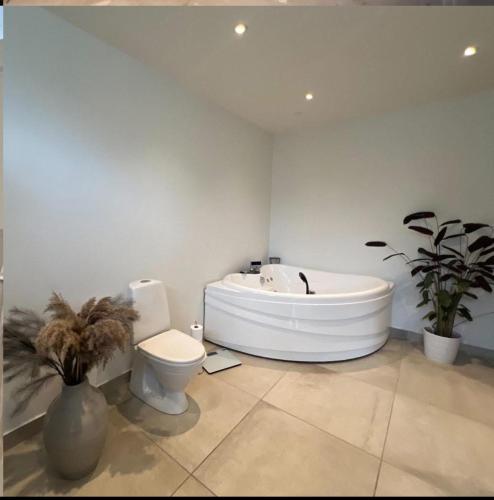 a bathroom with a tub and a toilet and a sink at Lækker lejlighed med lille have in Bogø By