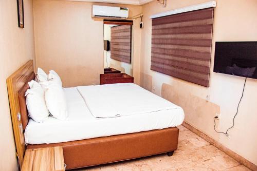 a bedroom with a bed and a tv in a room at Dees Hotels Apartments And Suites in Lagos