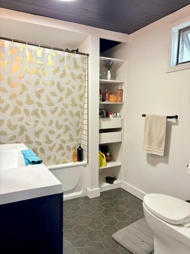 a bathroom with a shower curtain and a toilet at 210 Bertrand St in Winnipeg