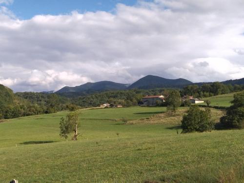 ein grünes Feld mit einem Haus und Bergen im Hintergrund in der Unterkunft Domaine de LOLI in Saint-Girons