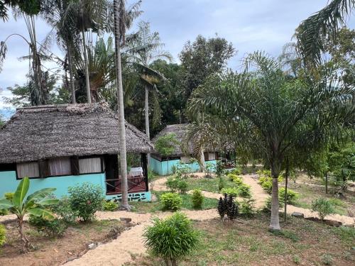a house with a thatched roof in a forest at Lokobe eco lodge in Nosy Be