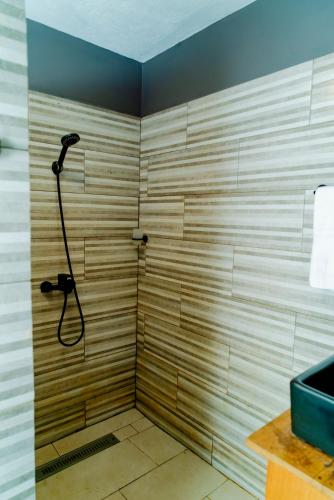 a shower in a bathroom with a wooden wall at Cattleya Guest house in Hell-Ville
