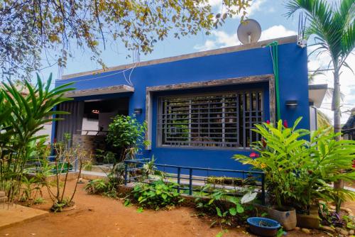 a blue house with a window and plants at Cattleya Guest house in Hell-Ville
