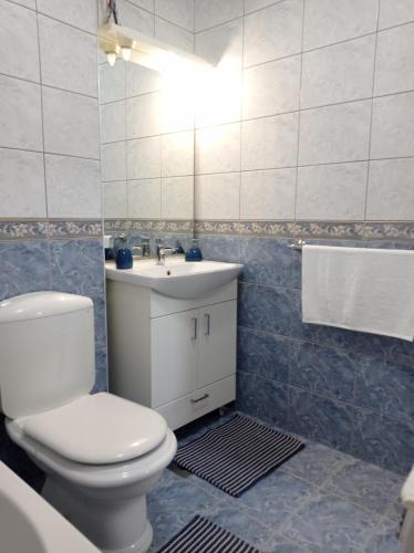 a bathroom with a white toilet and a sink at Central Residence Banja Luka Spacious Apartment with Private Parking in Banja Luka