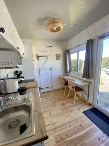 Mimi's tiny house في Saint-Germain-sur-Ay: مطبخ به حوض وطاولة