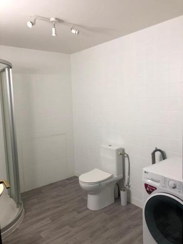 a bathroom with a toilet and a washing machine at Enzo F2 in Mothern