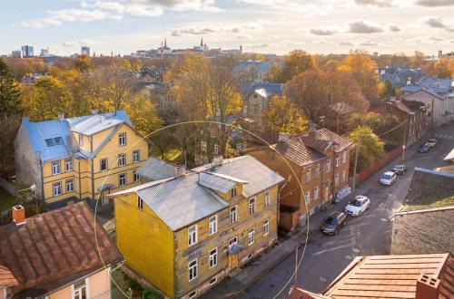 an overhead view of a city with houses and a street at Mo&Ko Kalamaja Apart - Self Check-in in Tallinn