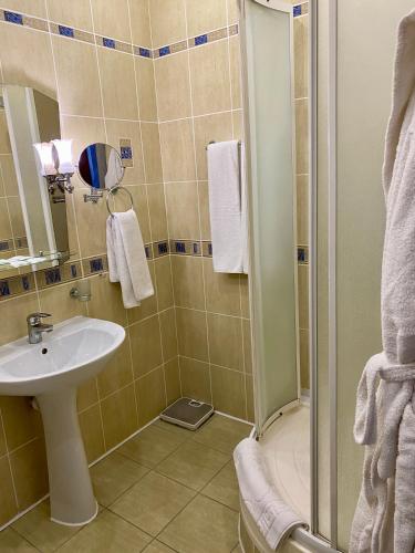 a bathroom with a shower and a sink at Hotel Prydesnyansky in Chernihiv