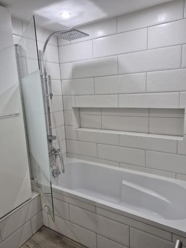 a white bathroom with a shower and a tub at Arbre de Vie in Amnéville