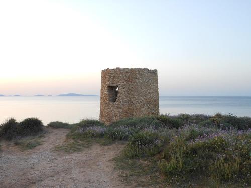 an old tower on top of a hill with purple flowers at L'Aurora Porto Torres in Porto Torres