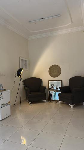 a living room with two couches and a lamp at غرفة نوم مودرن بدخول ذاتي رقم سري in Tabuk