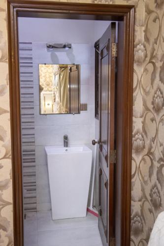 a bathroom with a sink and a mirror at The Red Tree II Executive Guest House in Karachi
