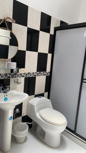 a bathroom with a toilet and a sink at Ecopolis Hospedaje en el queremal in Papagalleros