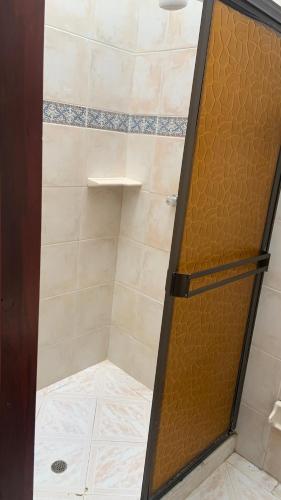 a shower with a glass door in a bathroom at Ecopolis Hospedaje en el queremal in Papagalleros