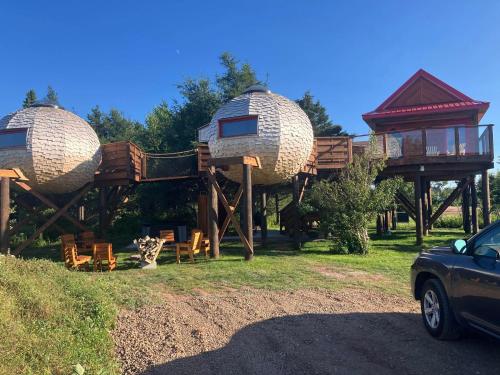 a tree house with a car parked in front of it at Terra Experience in Shippagan