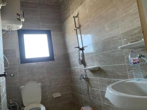 łazienka z toaletą, umywalką i oknem w obiekcie Jorh BB w mieście Amman