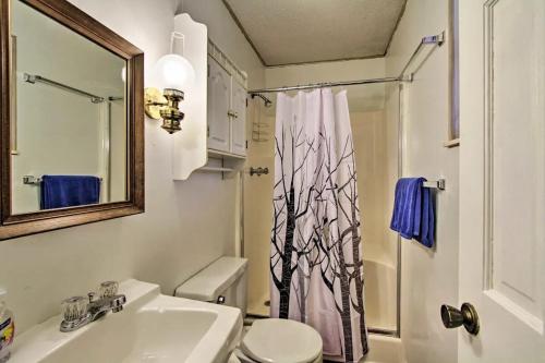 a bathroom with a sink and a toilet and a shower at Modern Rustic Cabin - Cozy Forest Escape in Gatlinburg