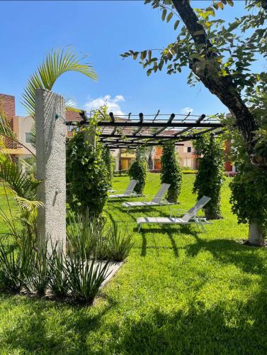 a row of empty benches in a grassy yard at Casa Sauces Sur, alberca, billar, roof garden privado in Emiliano Zapata