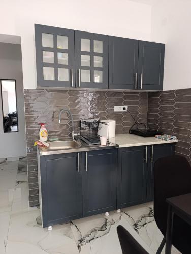 a kitchen with black cabinets and a sink at Chill family lux Svilajnac in Svilajnac