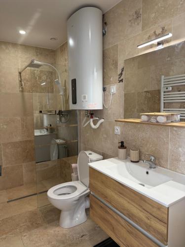 a bathroom with a toilet and a sink and a shower at Le Prestige - Spacieux T3 Neuf et Lumineux in Évreux