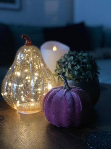 a purple pumpkin sitting on a table next to a candle at Secret Garden Vendégház in Pécs