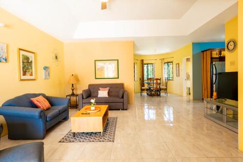 a living room with two couches and a coffee table at Elegant,Central & spacious unit with AC at DW APTS in Mandeville
