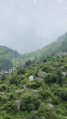 a green hillside with rocks and trees and houses at Tara Van in Dharamshala