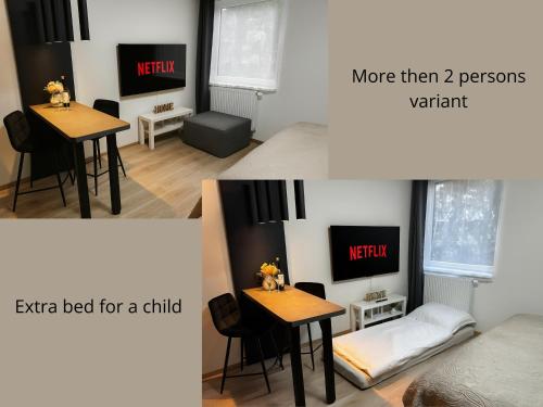 a room with a table with a bed and a tv at Smarty Choice Living with Netflix - Kubánské náměstí in Prague
