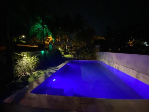 a swimming pool at night with blue illumination at River Raichak villa in Raichak