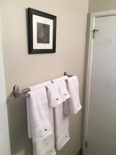 a bathroom with white towels hanging on a towel rack at Cameron Village Modern Stylish Condo in Raleigh
