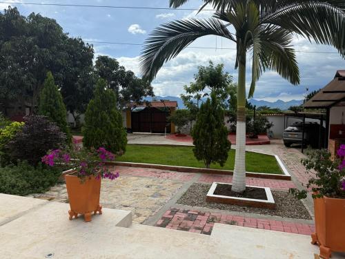 a palm tree in the middle of a yard with flowers at Casa Quinta Vereda San Nicolas La Mesa in La Mesa