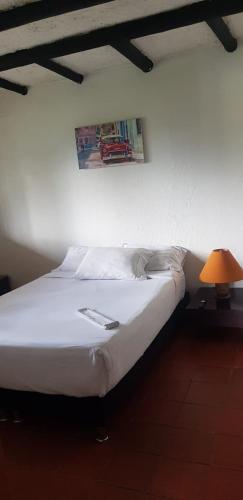 a bedroom with a white bed with a lamp and a picture at Casa Campestre Bimori in Chocontá