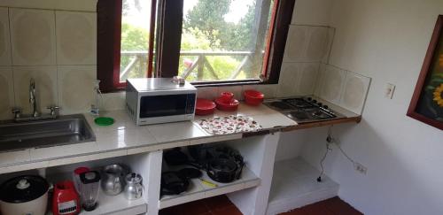 a kitchen with a counter with a microwave on it at Casa Campestre Bimori in Chocontá