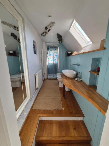 a bathroom with a sink and a toilet and a window at Manor Cottage in Downton