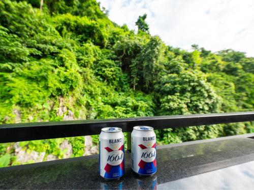 two coke cans sitting on top of a bench at Strawberry House , Tour & Motorbikes Rentel in Ha Giang
