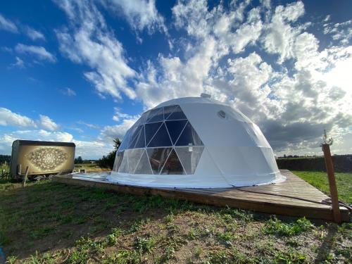 a white dome tent on a wooden platform in a field at Maya Lena dome in Belleghem