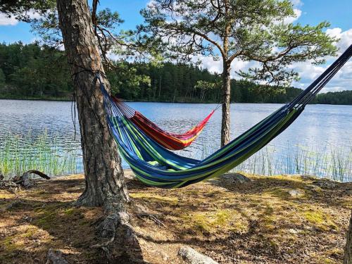 a hammock hanging between two trees next to a lake at 5 person holiday home in Mellösa in Mellösa