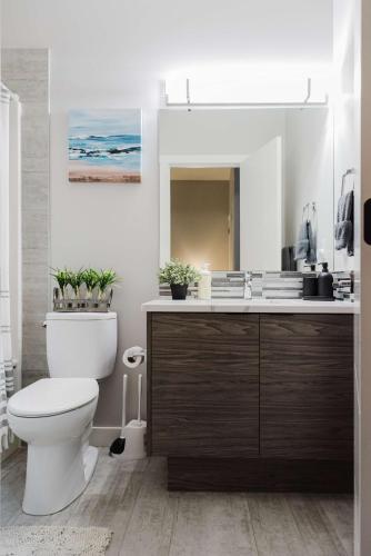 a bathroom with a toilet and a sink with a mirror at NordicSauna 3 Ensuite baths TheYellowDoorRetreat in Edmonton