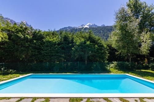 a blue swimming pool with a mountain in the background at Résidence Androsace 53 - Happy Rentals in Chamonix-Mont-Blanc